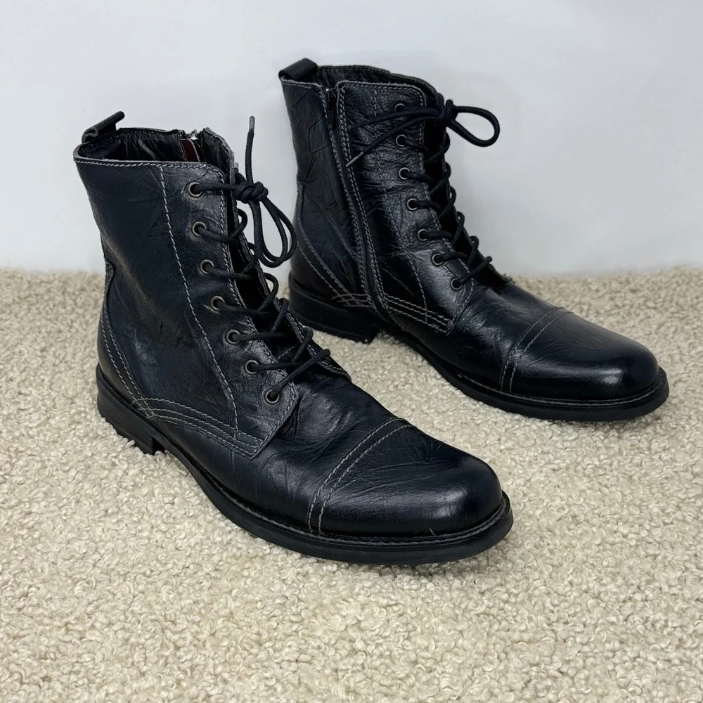 Natha Oxford Boot Black Crinkle Leather Lace Up Side Zip Cap Toe Boots Mens 12